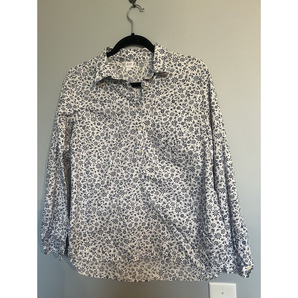 Gap Shirt Womens  Small White Blue Floral Linen Blend Blouse Preppy Curved Hem - Picture 1 of 6